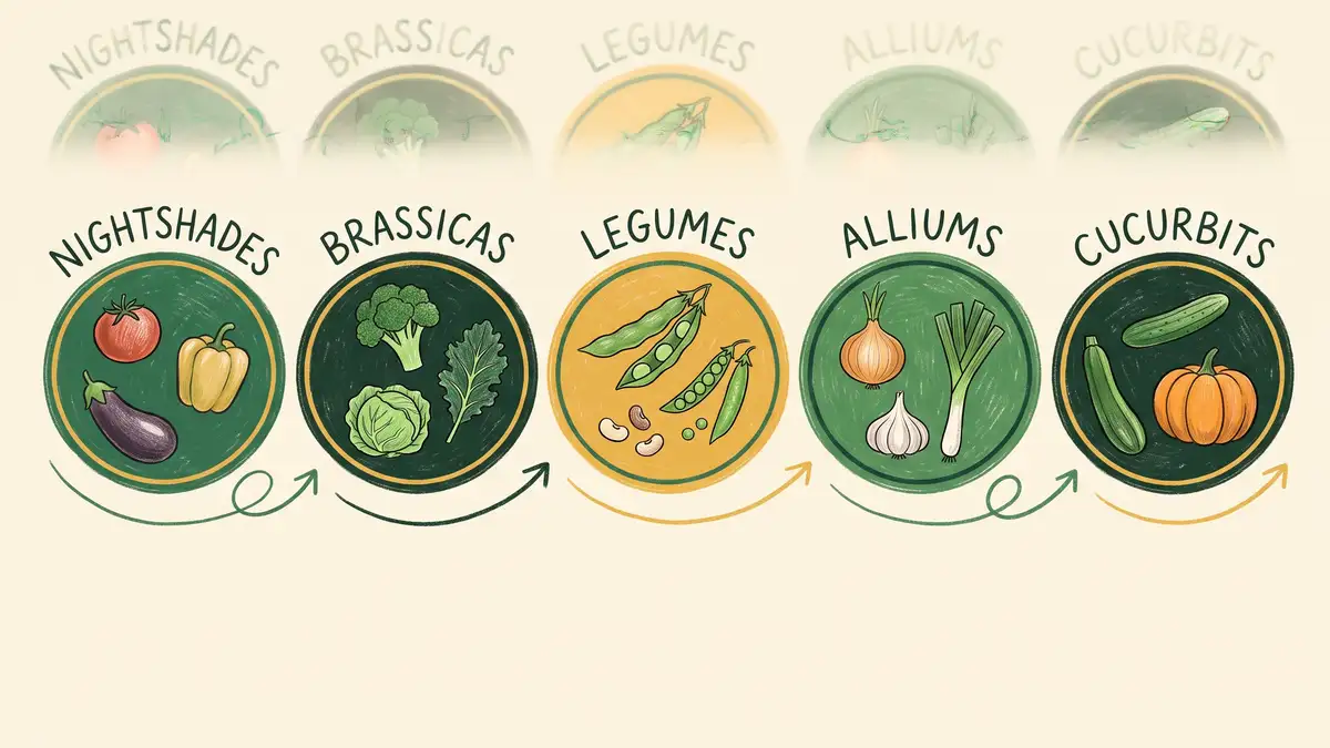 Illustrated infographic of five vegetable family groups for crop rotation: nightshades, brassicas, legumes, alliums and cucurbits