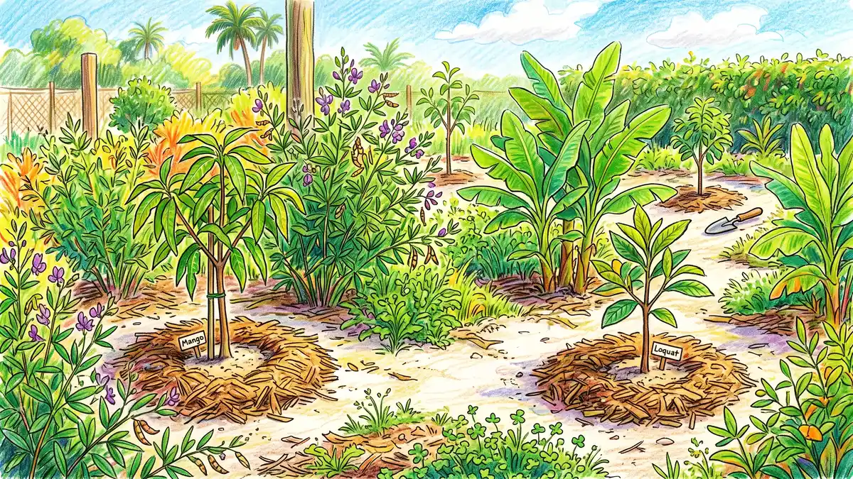 First-year Florida food forest planting with young mango and loquat saplings in mulch rings alongside pigeon pea and banana on pale sandy soil
