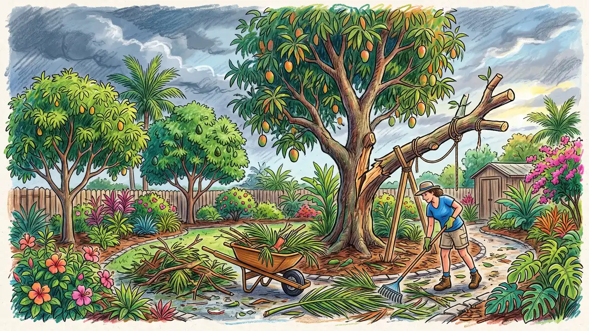 Gulf Coast garden after a storm with a gardener clearing fallen limbs beside well-pruned open-canopy fruit trees left undamaged