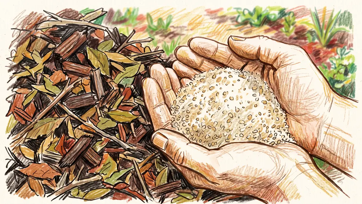 Pale sandy Florida soil held in cupped hands beside a thick layer of dark wood chip mulch and decomposing leaf litter