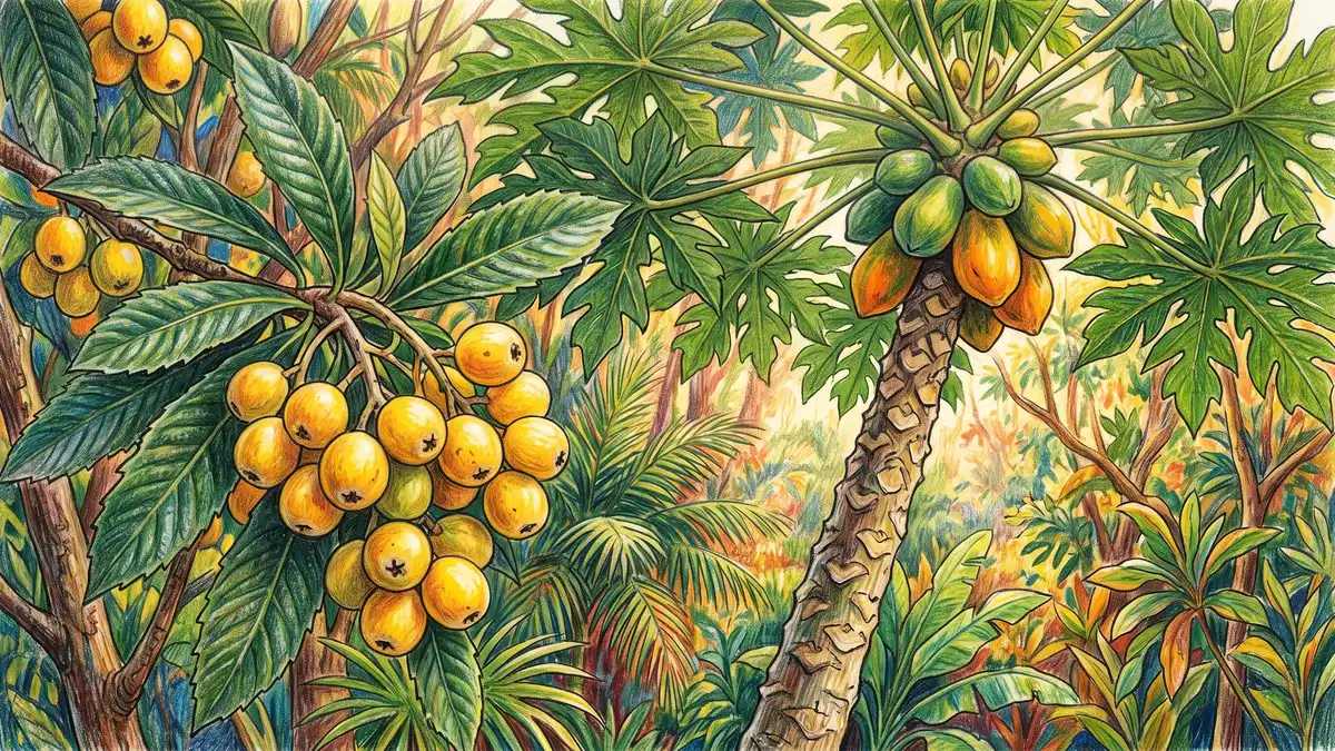 Ripening loquat cluster and a papaya trunk with fruit at its crown under dappled subtropical light