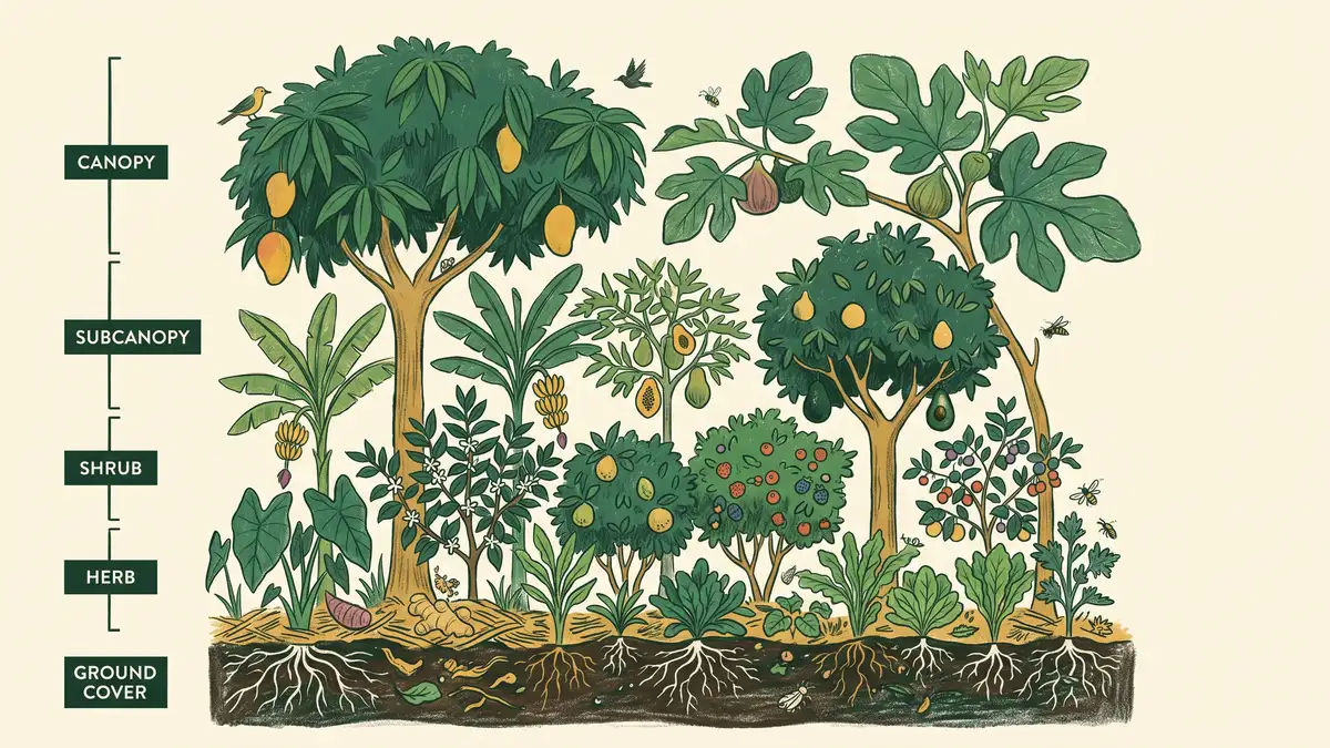 Illustrated cross-section of a subtropical food forest in five layers from canopy through subcanopy, shrub and herb to ground cover
