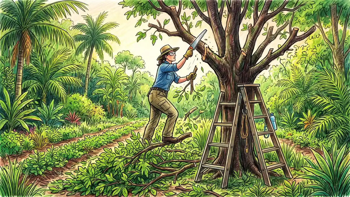 Farmer performing severe pruning on a tall mulberry biomass tree with cut branches falling onto the planting row below