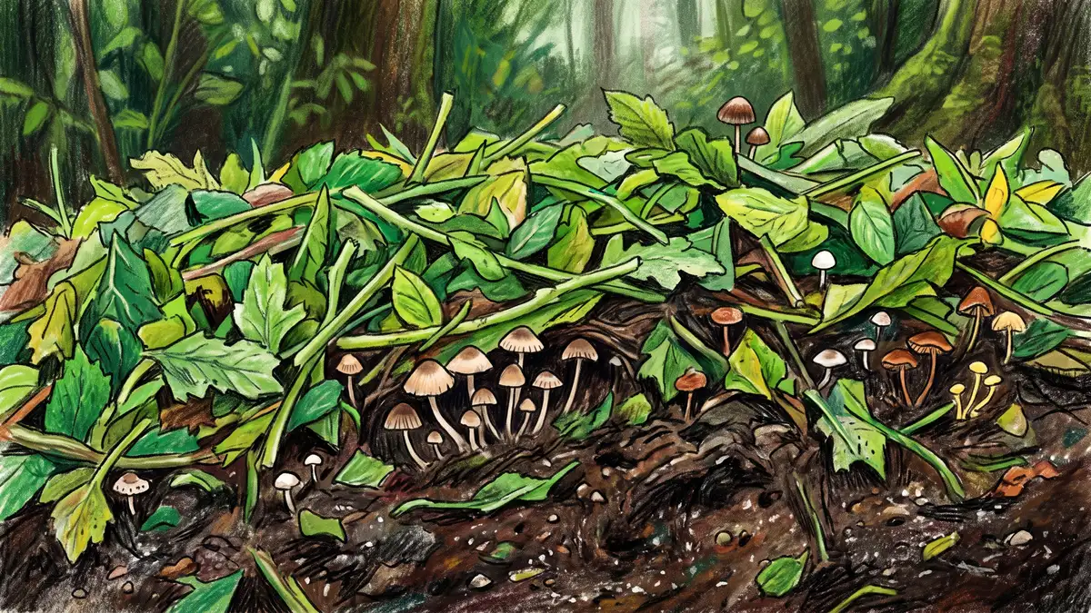 Thick layer of freshly chopped green leaves and soft stems decomposing on dark moist soil with small mushrooms emerging
