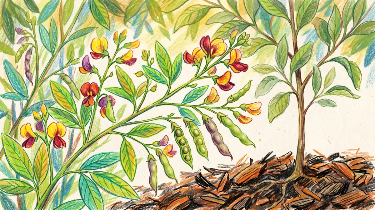 Pigeon pea plants in flower with seed pods forming beside a young fruit tree sapling on dark mulched soil