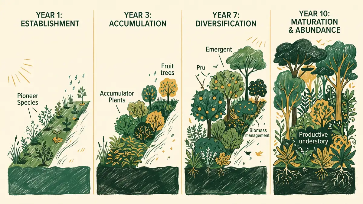 Illustrated syntropic succession timeline in four panels showing the same planting row growing taller and more layered from year one to year ten