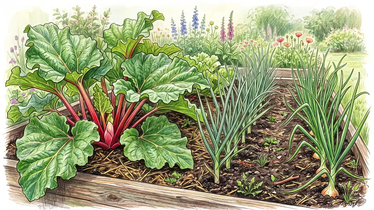 Garden bed showing an established rhubarb plant beside neat rows of garlic and onions with straw mulch between them