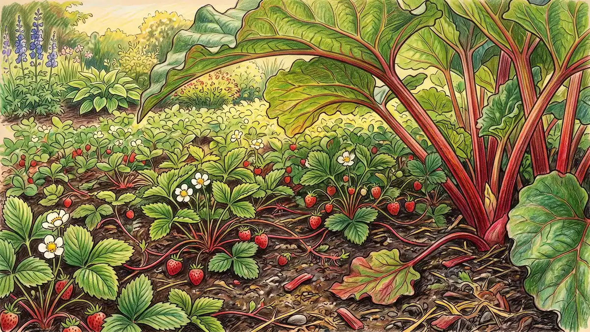 Strawberry plants with white flowers and runners spreading as living ground cover beneath the arching leaves of a rhubarb plant