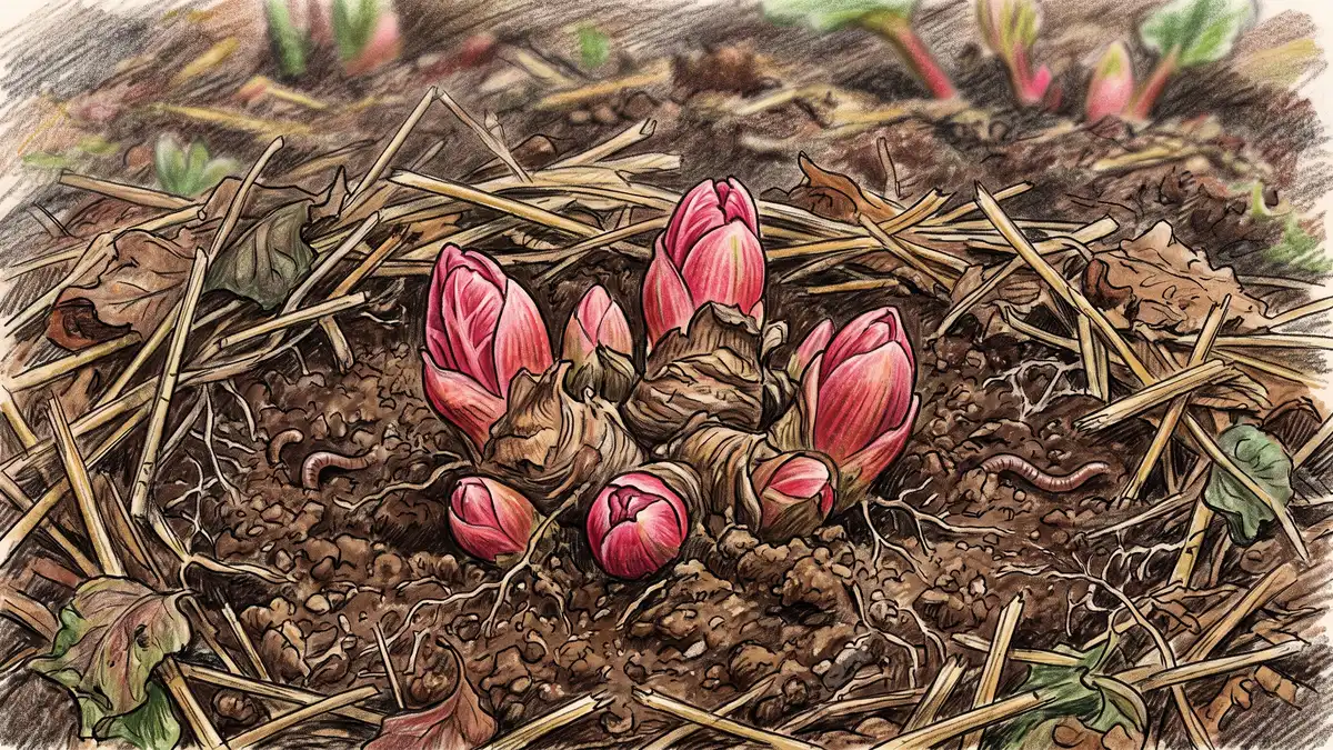 Close-up of a rhubarb crown in early spring with pink-red buds emerging through a collar of straw and compost mulch