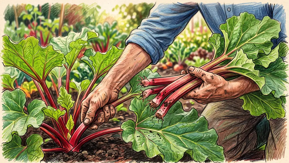 Gardener's hands pulling and twisting a thick red rhubarb stalk from the crown with harvested stalks resting in one arm