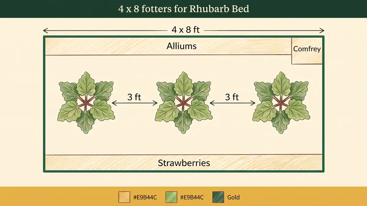 Top-down garden planning diagram of a 4 by 8 foot rhubarb bed showing crown spacing with allium and strawberry border bands