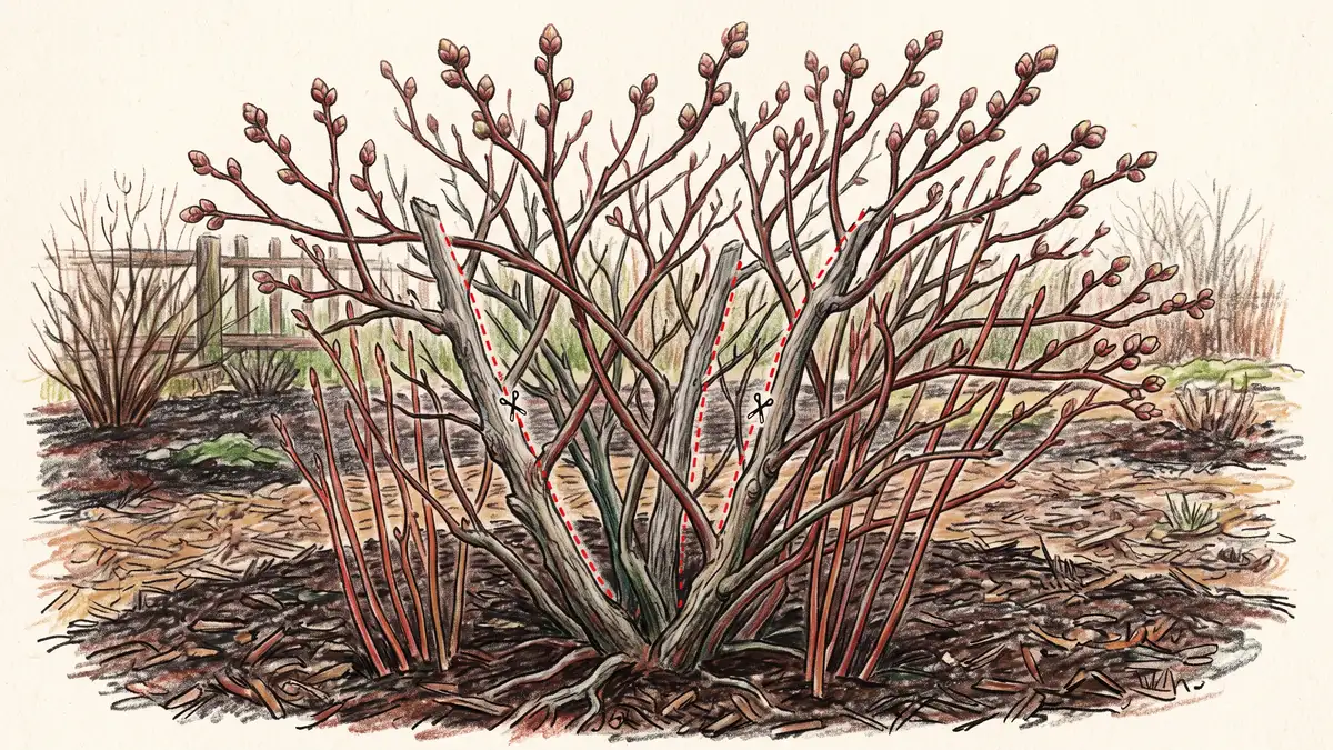 Mature blueberry bush mid-pruning with thick grey older canes marked for removal and young reddish shoots rising from the base