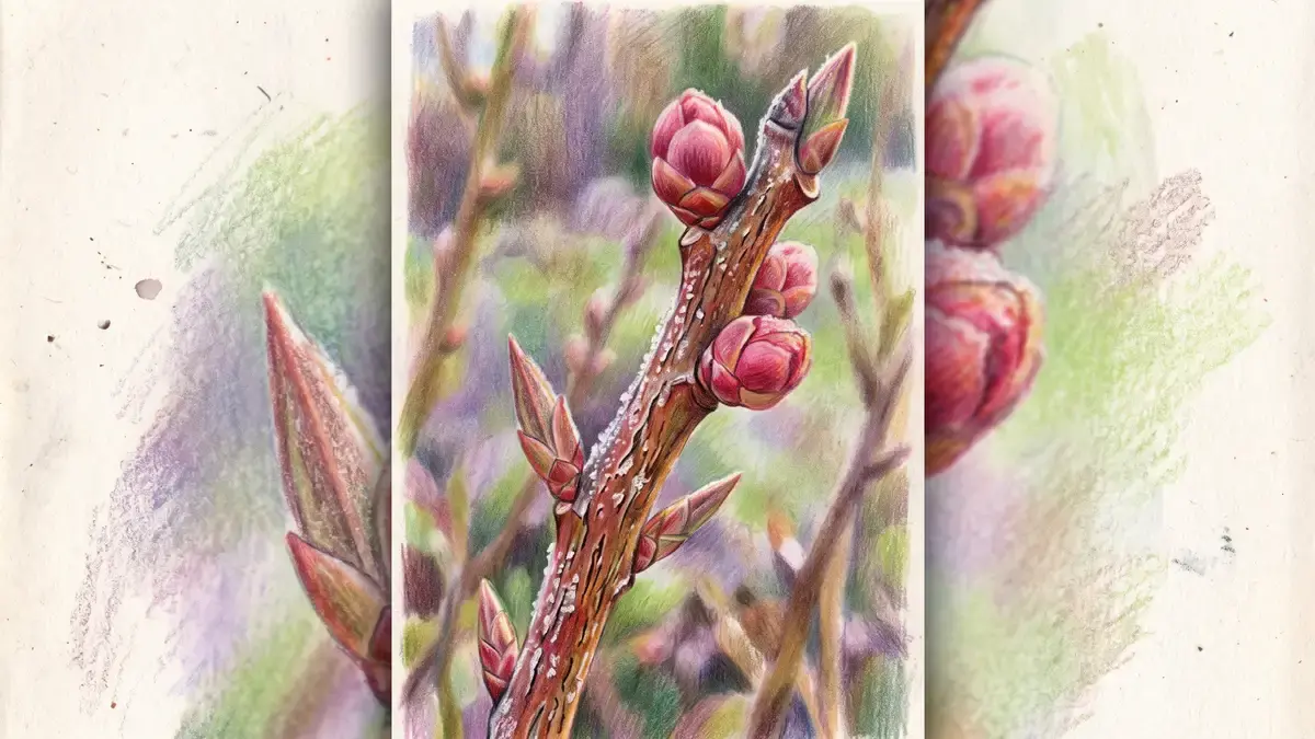 Close-up of a bare blueberry stem in late winter showing plump rounded flower buds beside small pointed leaf buds