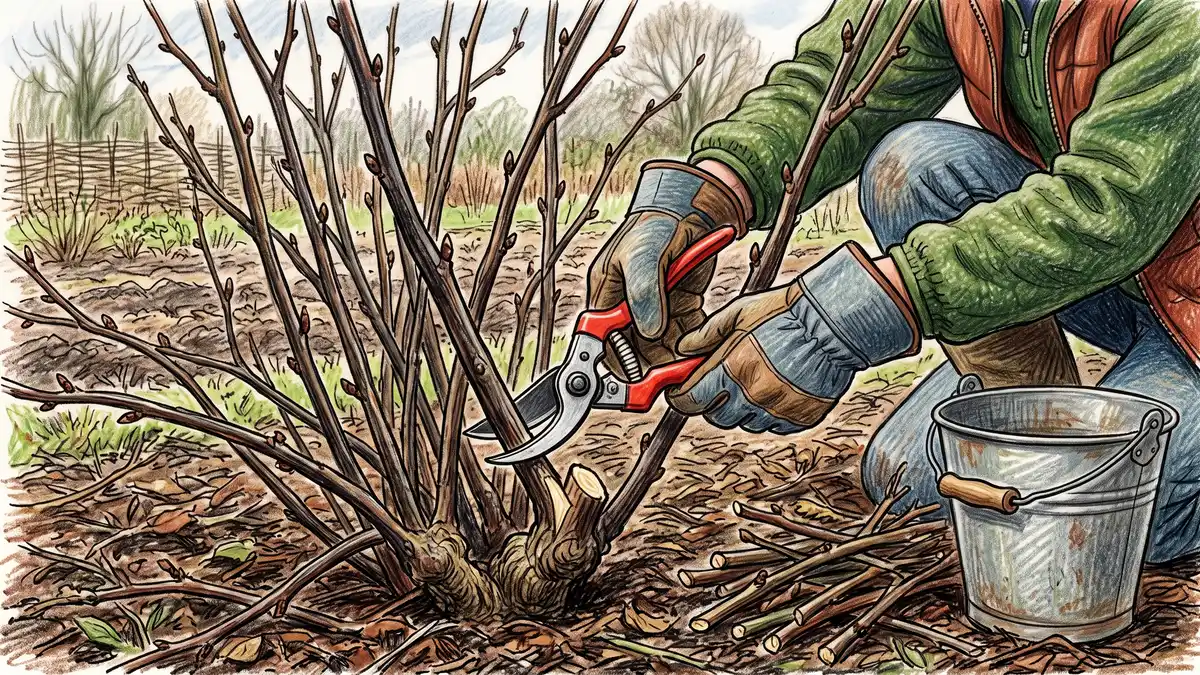 Gloved hands making a clean angled cut low on a thick woody currant stem with bypass pruners in late winter