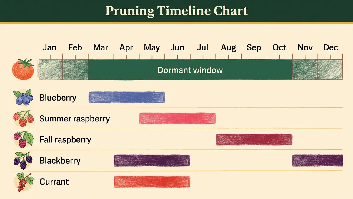 Hand-illustrated twelve month pruning timeline chart showing the dormant window and pruning months for blueberry, raspberry, blackberry and currant