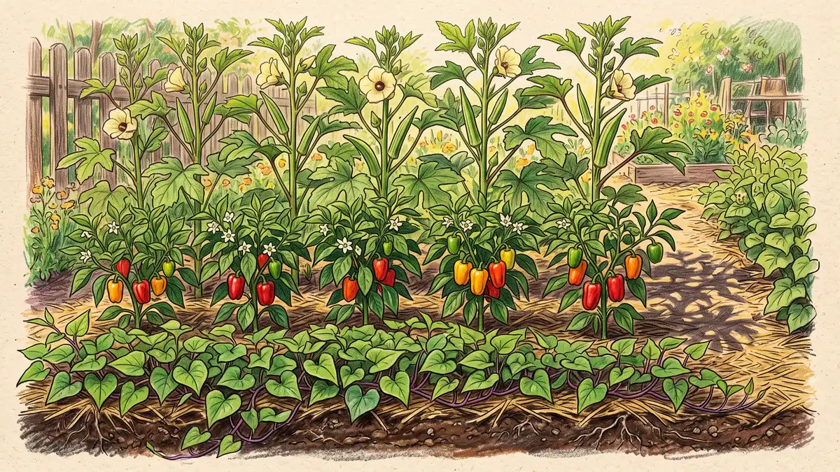 Side view of a garden bed showing tall okra plants at the back with bushy pepper plants and a low mat of sweet potato vine in the light in front