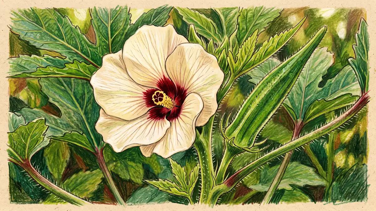 Close-up of a pale cream okra flower with a maroon throat beside a young ribbed green pod on the plant stem