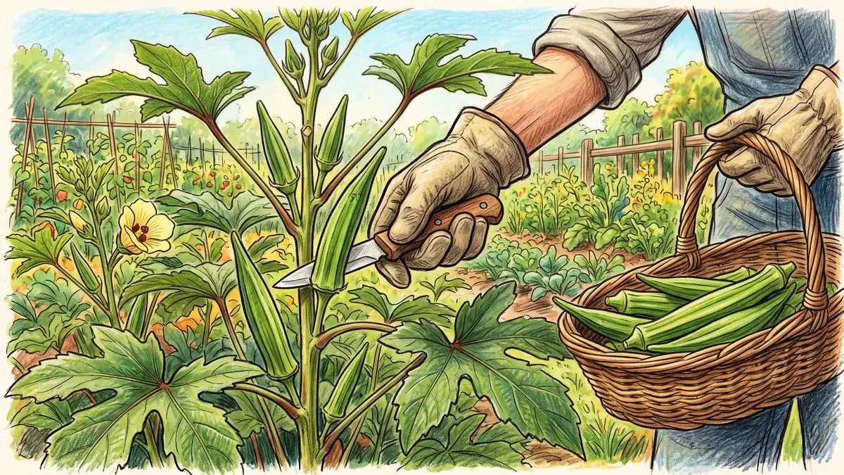 Gloved hand cutting a young tender okra pod from a tall plant while holding a woven basket of freshly picked ribbed pods