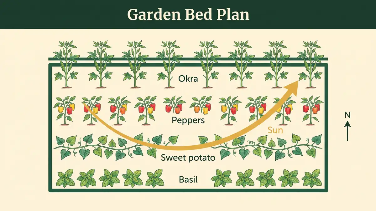 Top-down hand-illustrated bed plan showing okra on the north edge with bands of peppers, sweet potato and basil to the south