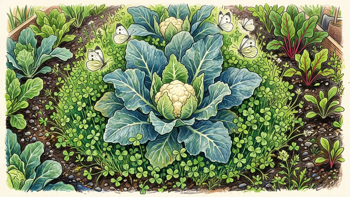 Overhead view of a cauliflower plant surrounded by a low green carpet of clover as living mulch with white cabbage butterflies above
