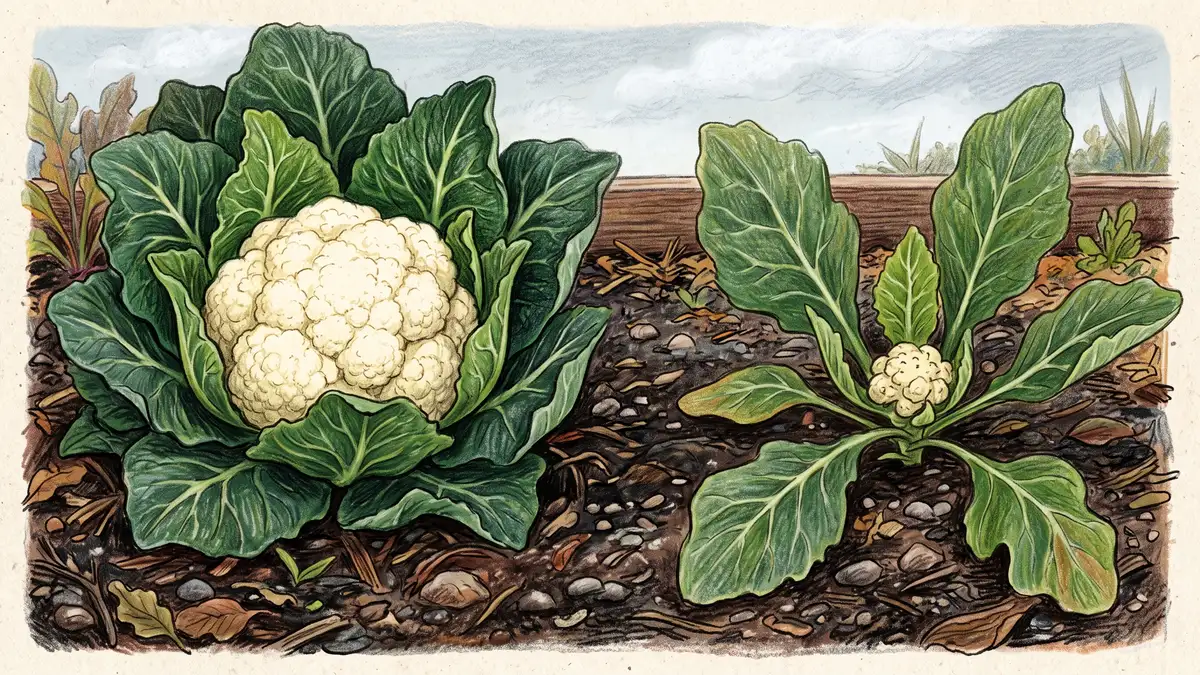 Comparison of a healthy cauliflower with a large white curd beside a buttoned plant that formed a tiny premature curd among oversized leaves