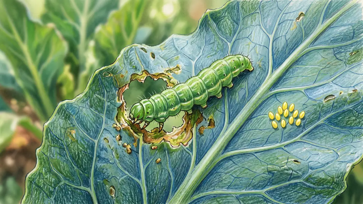 Close-up of a green imported cabbageworm caterpillar chewing a hole in a blue-green cauliflower leaf beside a cluster of butterfly eggs