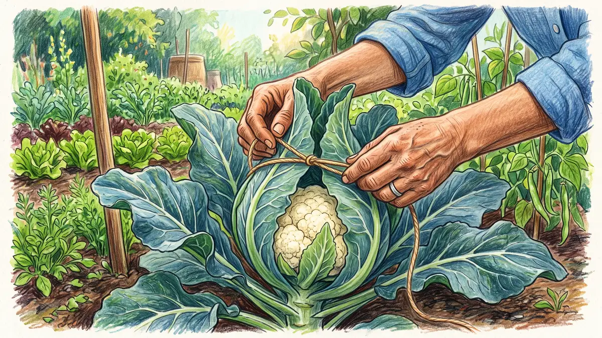 Gardener's hands folding and tying cauliflower outer leaves over the developing white curd with soft twine to blanch it