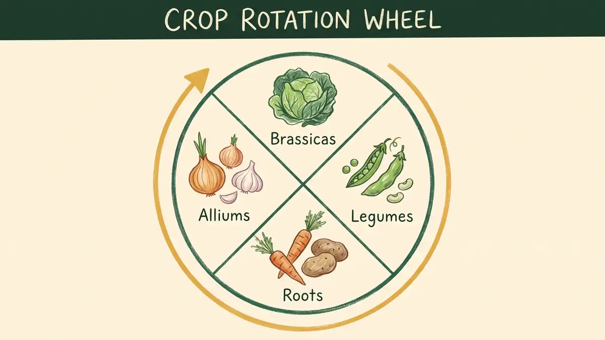 Hand-illustrated four year crop rotation wheel showing brassicas, legumes, roots and alliums with a clockwise rotation arrow