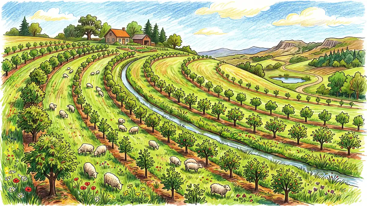 Hillside farm with curving contour rows of young chestnut and apple trees, grassy alleys where sheep graze, and a shallow swale holding water