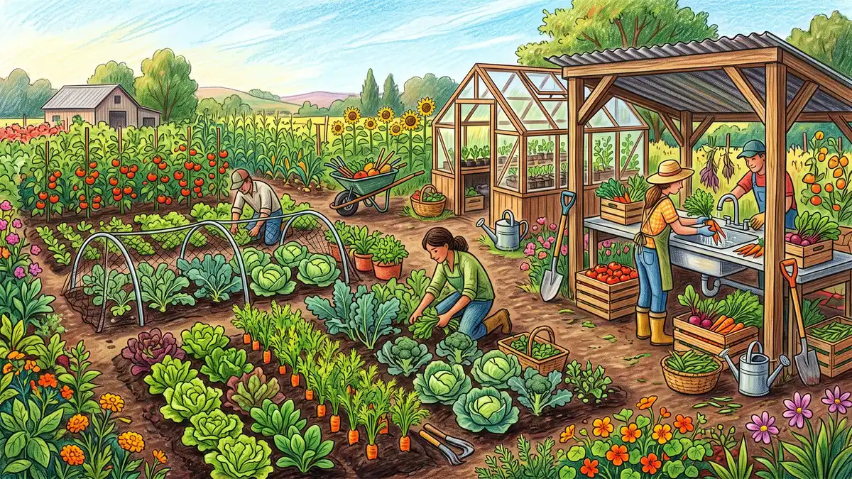 Busy small-farm market garden with densely planted beds of salad greens and brassicas, a wash-and-pack station and crates of harvested produce