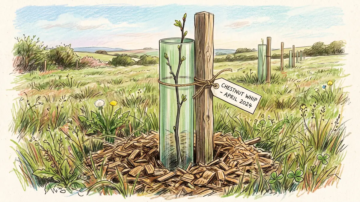Newly planted bare-root chestnut whip staked in rough pasture with a tree tube and a ring of woodchip mulch at its base