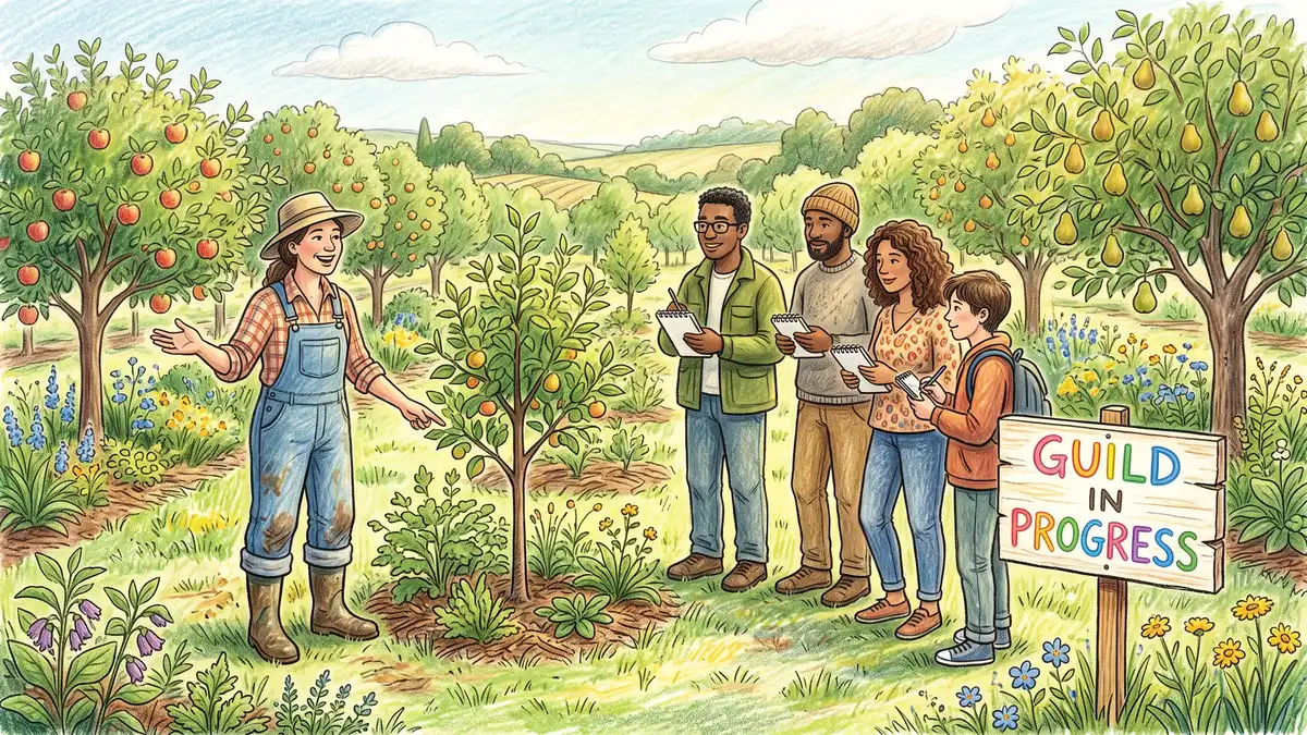 Farmer in work clothes explaining a young tree guild to a small group of visitors holding notebooks in a farm orchard