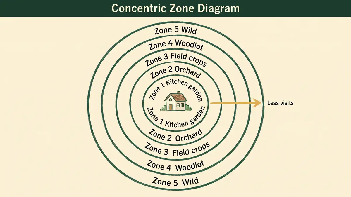 Hand-illustrated concentric permaculture zone diagram with five nested rings from kitchen garden at the centre out to wild land