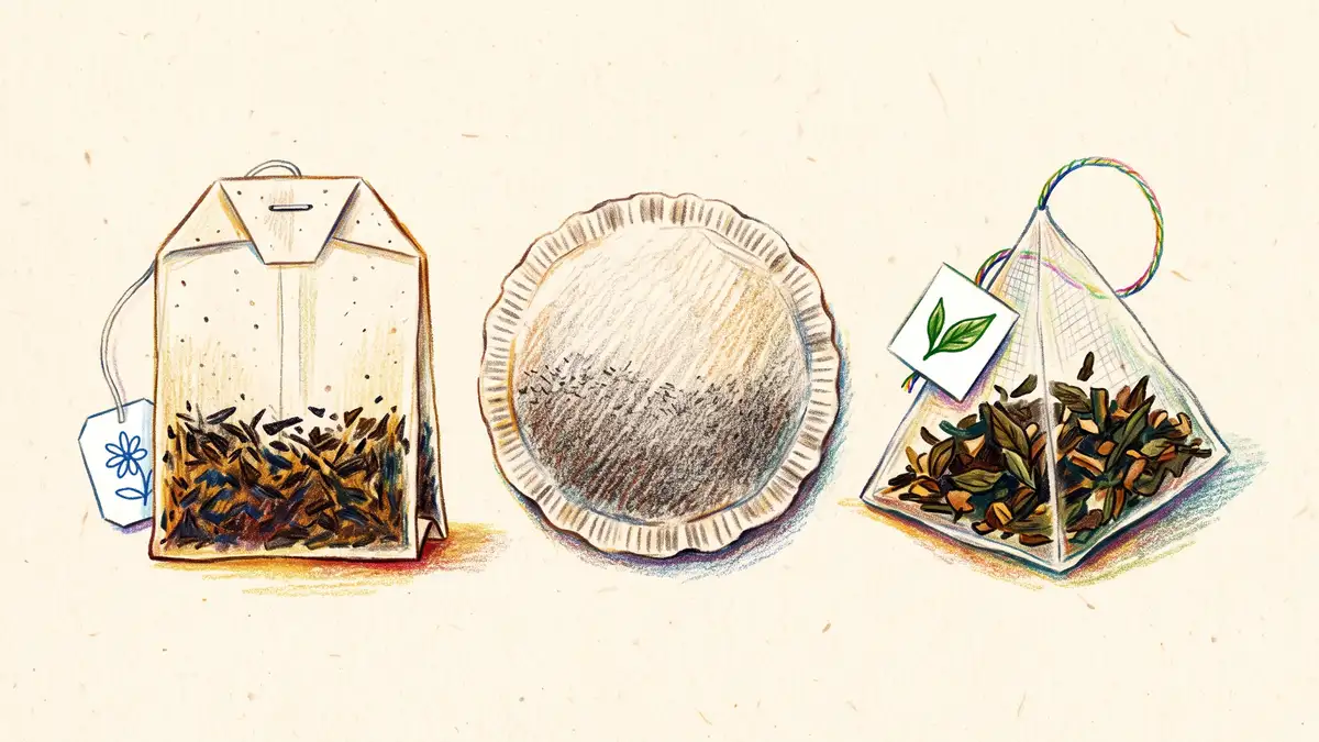 Three tea bag types side by side: a flat stapled paper bag, a heat-sealed paper pillow bag, and a transparent mesh pyramid bag with whole leaves