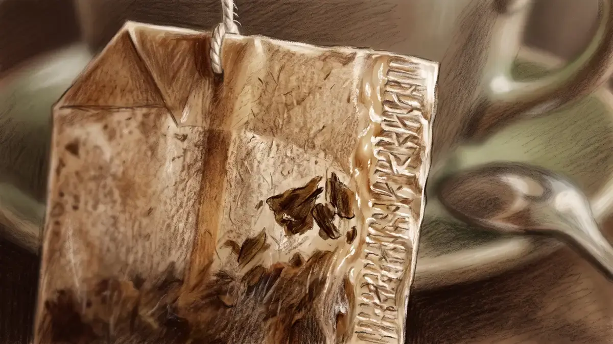 Extreme close-up of the crimped sealed edge of a paper tea bag showing the glossy melted seam where the heat seal bonded the layers