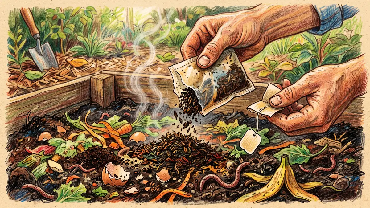 A hand tipping damp spent tea leaves from a torn paper tea bag onto a dark active compost pile with coffee grounds and vegetable scraps below