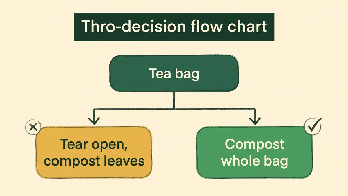 Hand-illustrated decision flow chart showing whether to tear a tea bag open and compost only the leaves or compost the whole bag