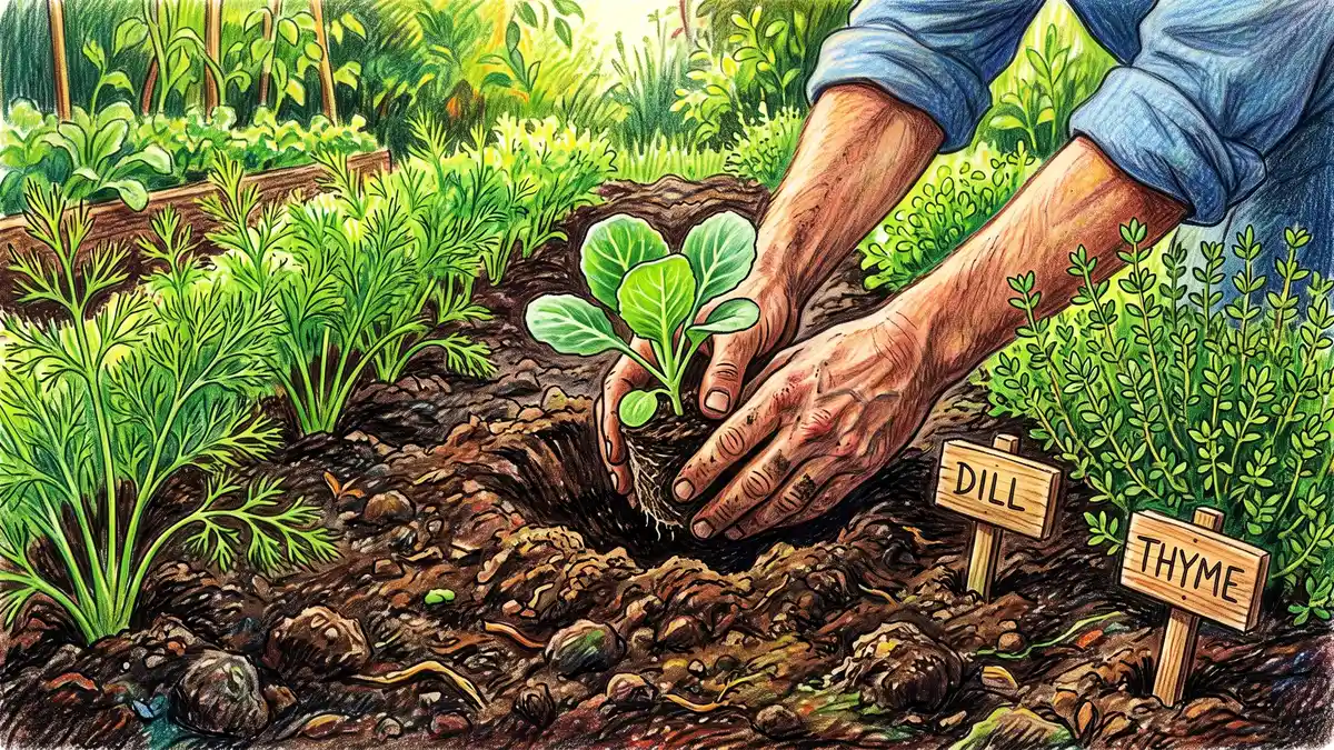 Gardener transplanting a young cabbage seedling into dark soil beside established rows of dill and thyme companion herbs
