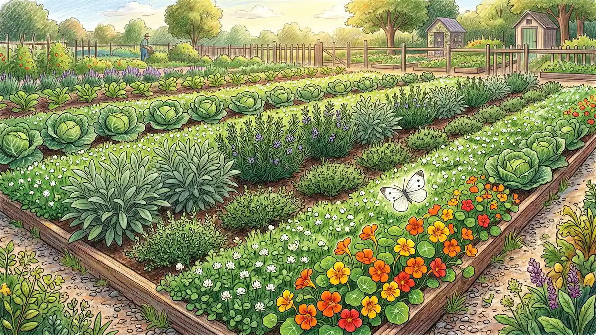 Interplanted vegetable bed with alternating cabbage rows, aromatic herbs, clover ground cover, and a white cabbage butterfly near nasturtiums