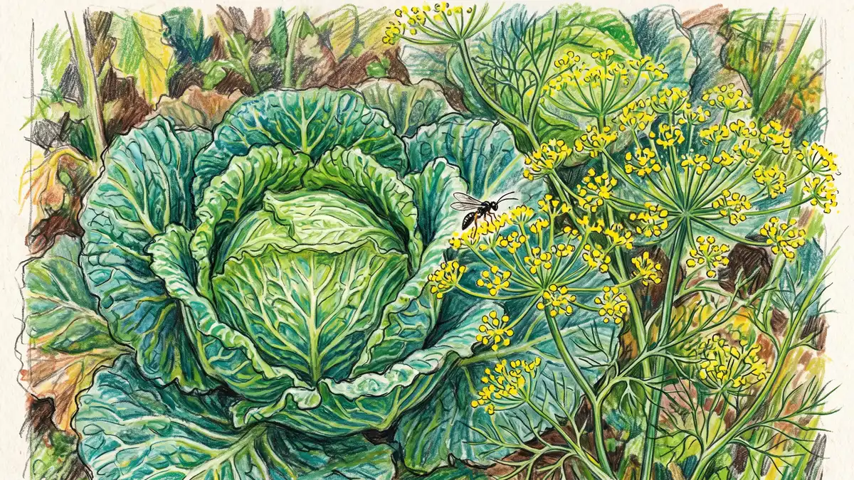 Pencil-crayon illustration of a cabbage head beside flowering dill with a tiny parasitic wasp visiting the yellow umbels