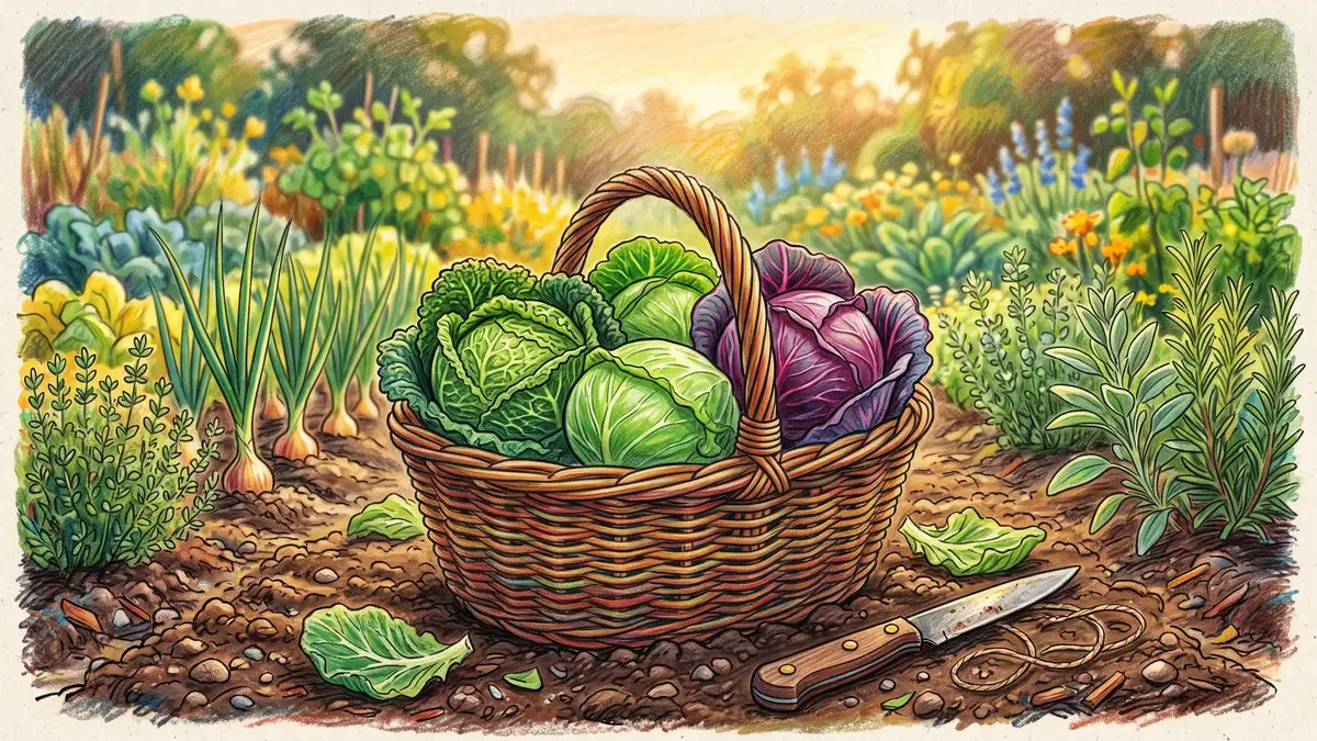 Harvest basket of freshly cut red and green cabbage heads on garden soil with onion and herb rows behind