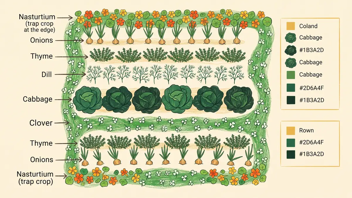 Hand-drawn infographic showing a top-down cabbage companion planting bed layout with dill, thyme, onions, nasturtium trap crop, and clover paths