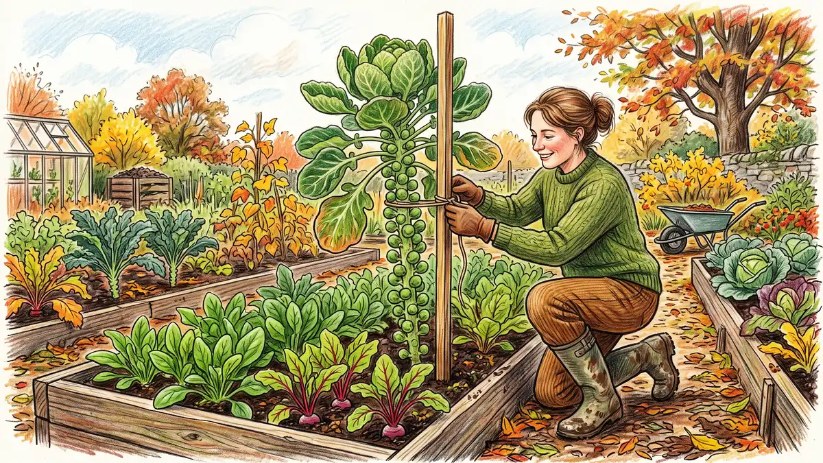 Gardener staking a tall Brussels sprout plant with young spinach and beet seedlings interplanted at its base in a raised bed