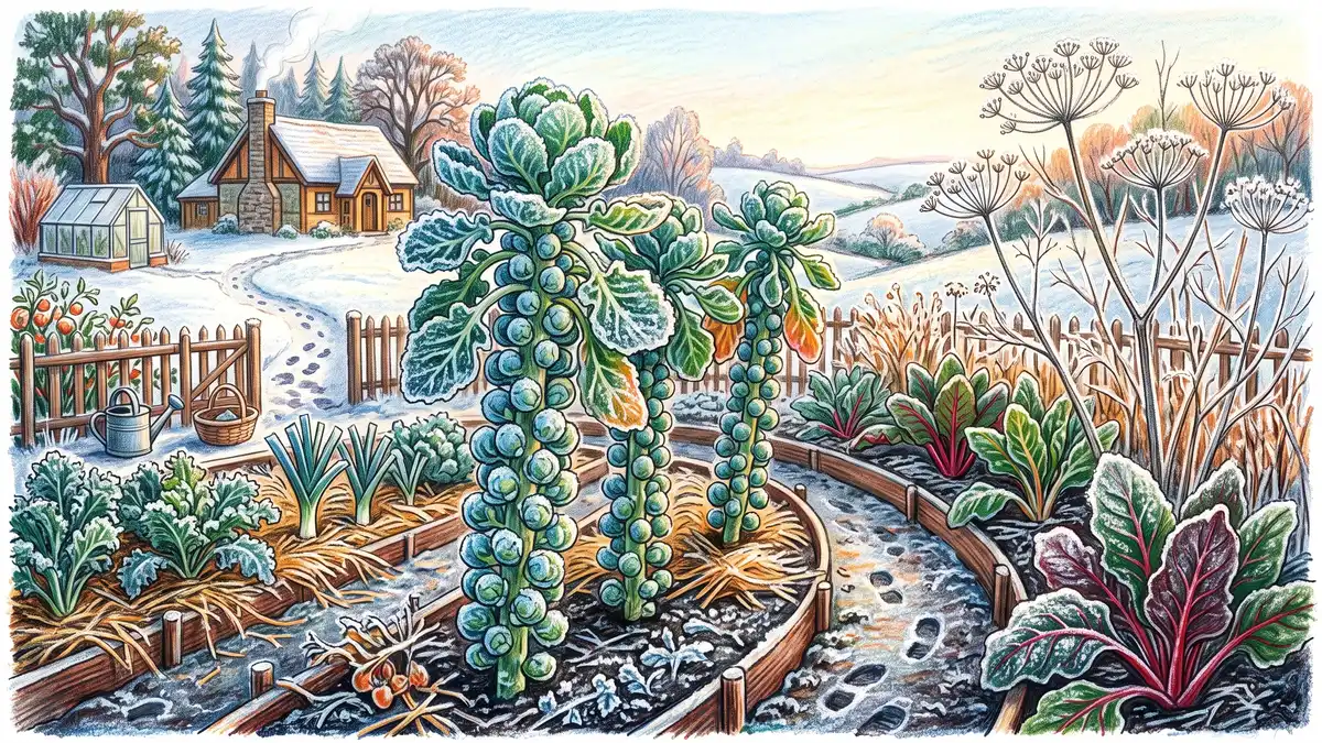 Brussels sprout stalks standing in a frosty morning garden with ice crystals on the sprouts and dill seed heads nearby