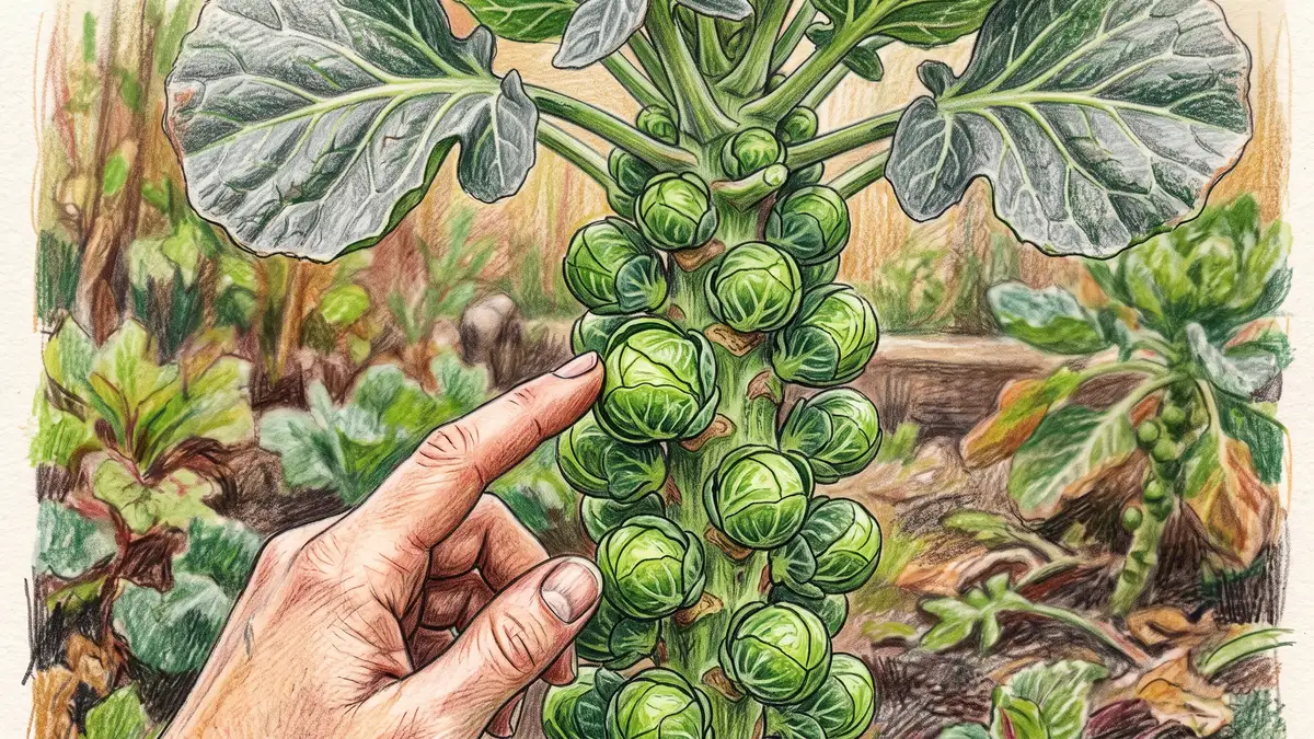 Close-up of a Brussels sprout stalk with tightly packed sprouts spiraling up the stem beneath gray-green leaves