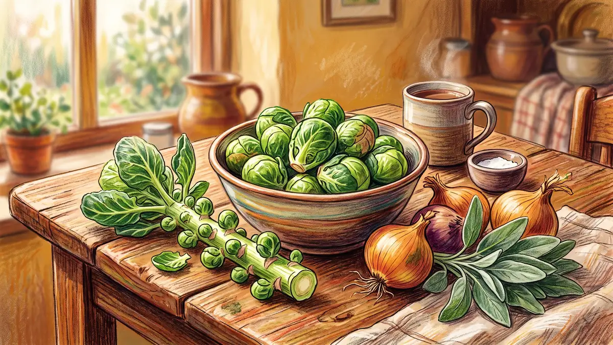 Bowl of freshly harvested Brussels sprouts beside a cut stalk, sage leaves, and onions on a kitchen table