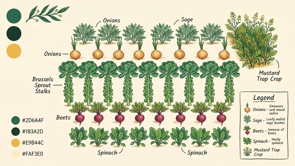 Hand-drawn infographic of a Brussels sprout companion bed plan with onions, sage, beets, spinach, and a mustard trap crop corner