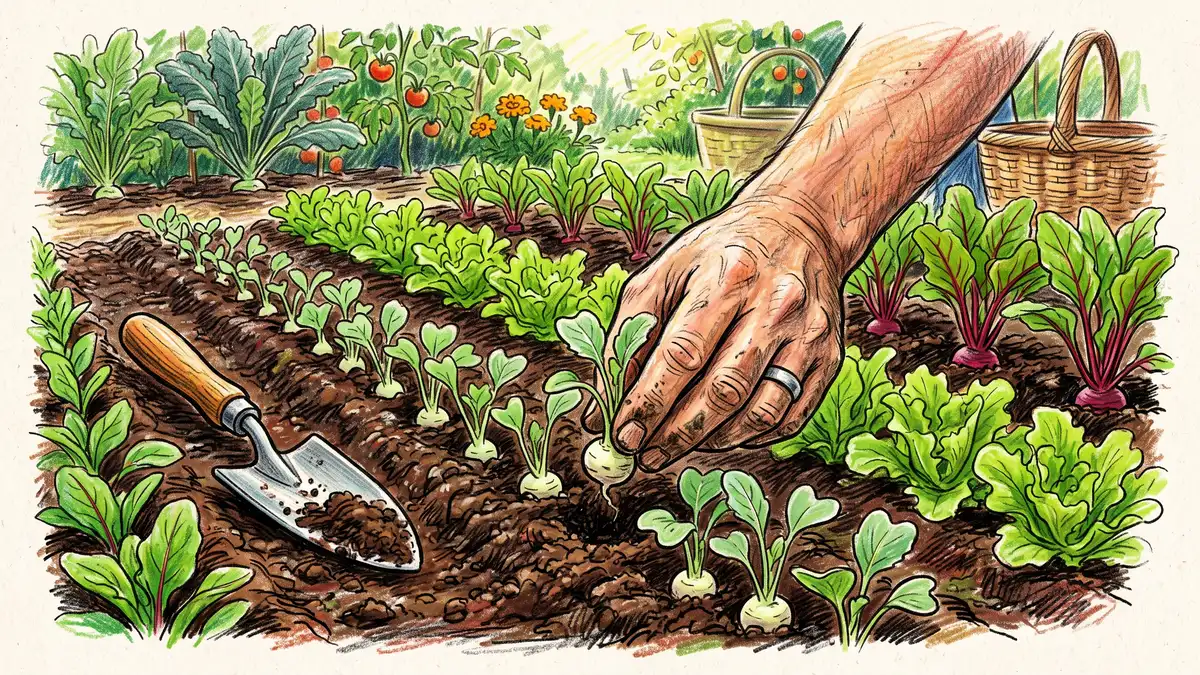 Gardener thinning young kohlrabi seedlings in a row with lettuce and beet greens interplanted in dark soil
