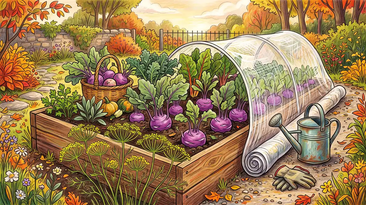 Fall garden bed with purple kohlrabi ready to harvest, dill flowers, and a partially rolled back floating row cover