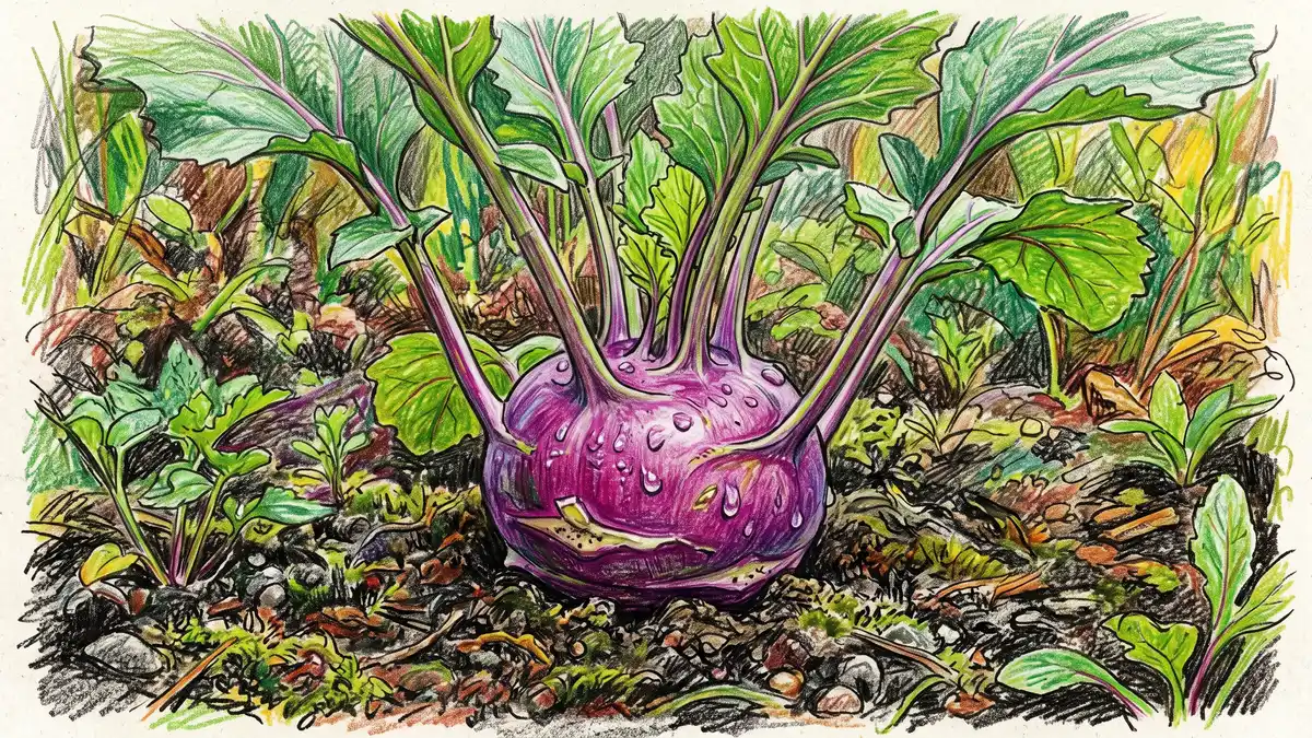 Close-up of a purple kohlrabi with its round swollen stem above the soil line and leaf stalks radiating upward